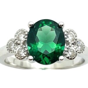 Simulated Emerald and Clear CZs Estate Style Cocktail Ring 18K White Gold Filled